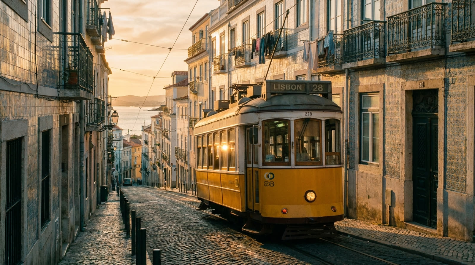 Gul trikk i en bratt brosteinsgate i Alfama, Lisboa