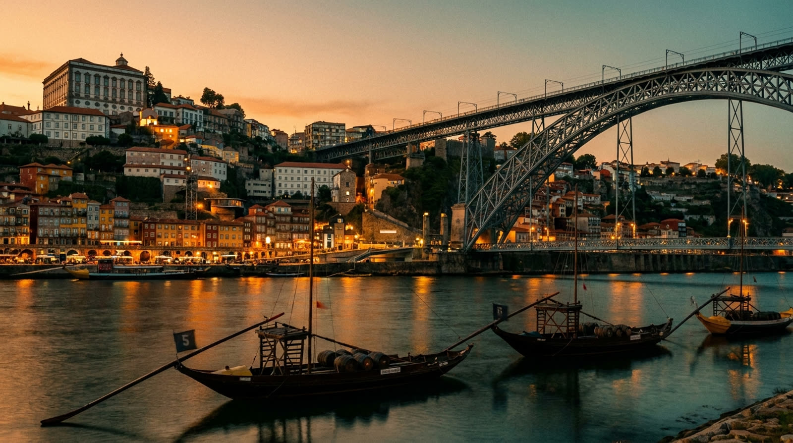 Dom Luís I-broen over Douro i Porto i solnedgang, med rabelo-båter